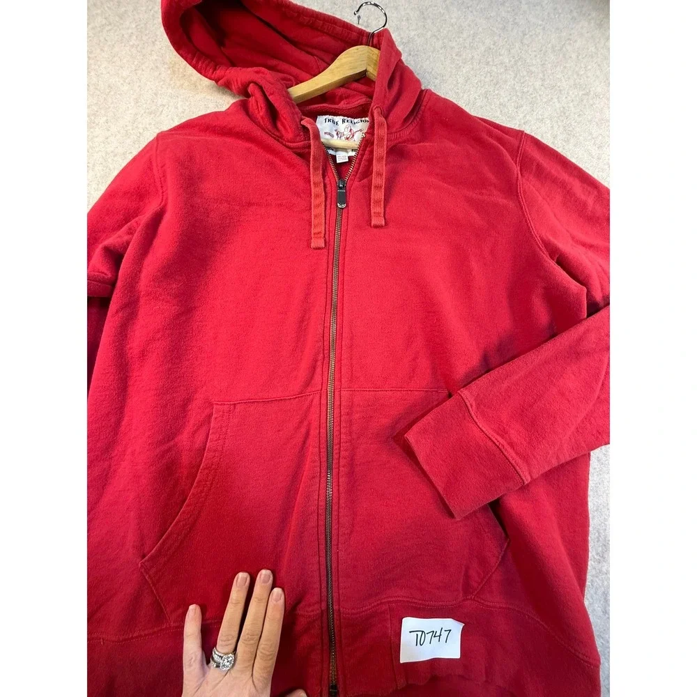 True Religion Mens Red Full Zip Hoodie Gold Horseshoe‎ Logo Sweatshirt 2XL
